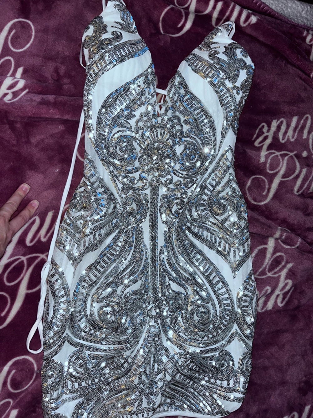 Windsor White And Sequin brand new deep V wire cut, corset back dress. NWT-small